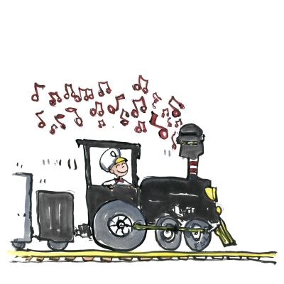 Train running on music, not coal, drawing by Frits Ahlefeldt